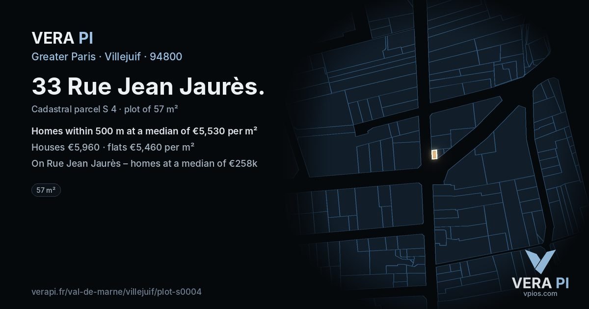 33 Rue Jean Jaurès, Villejuif at night – the plot lit, the parcels around coloured by the prices near them