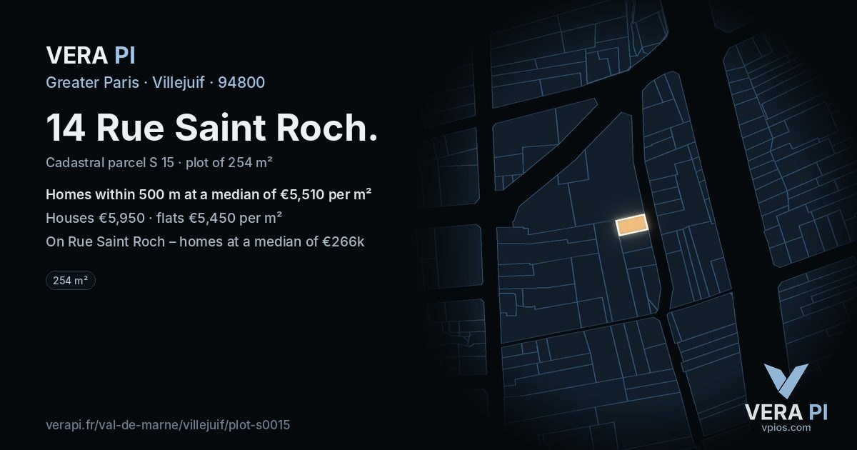 14 Rue Saint Roch, Villejuif at night – the plot lit, the parcels around coloured by the prices near them