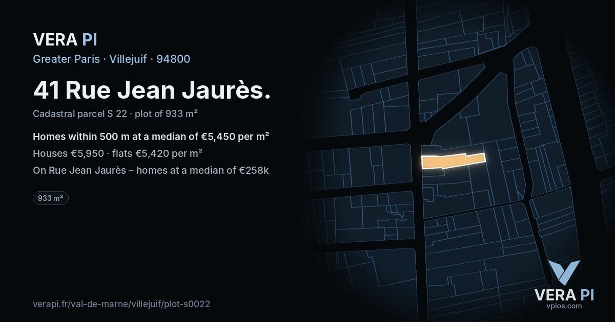 41 Rue Jean Jaurès, Villejuif at night – the plot lit, the parcels around coloured by the prices near them