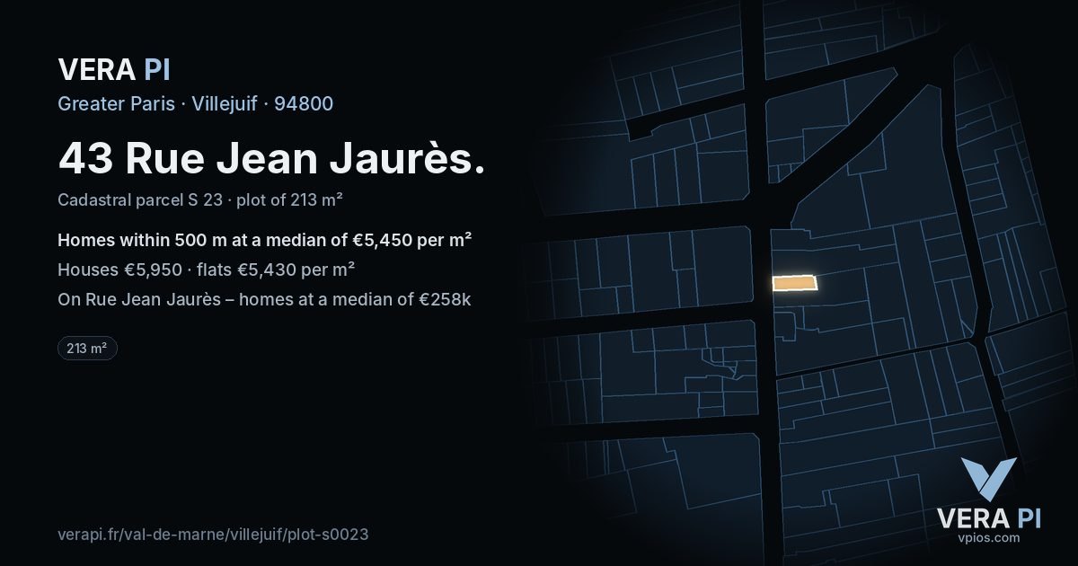 43 Rue Jean Jaurès, Villejuif at night – the plot lit, the parcels around coloured by the prices near them