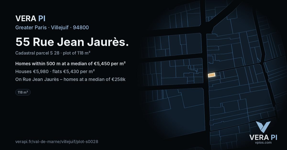 55 Rue Jean Jaurès, Villejuif at night – the plot lit, the parcels around coloured by the prices near them