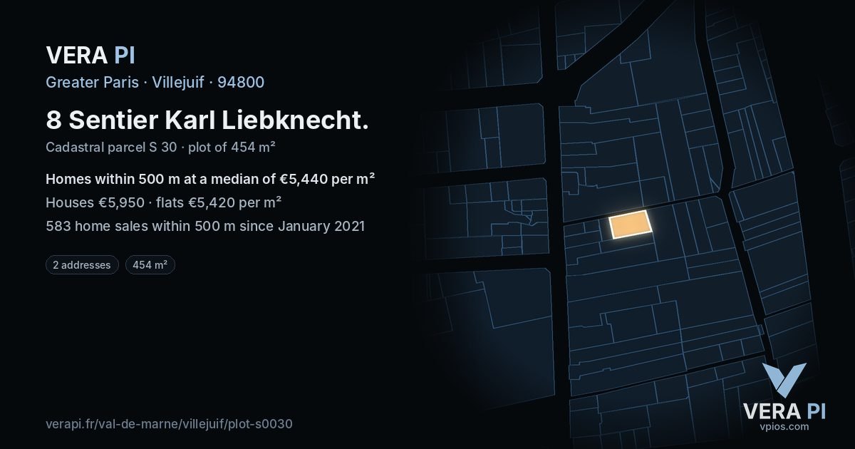 8 Sentier Karl Liebknecht, Villejuif at night – the plot lit, the parcels around coloured by the prices near them