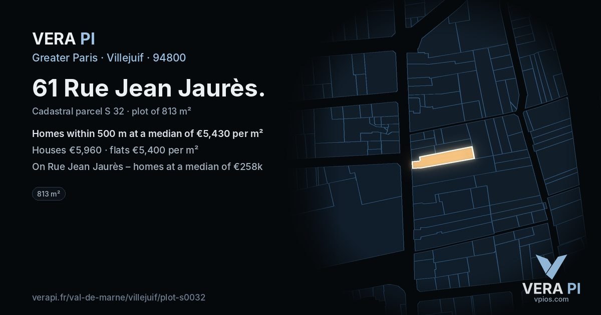 61 Rue Jean Jaurès, Villejuif at night – the plot lit, the parcels around coloured by the prices near them
