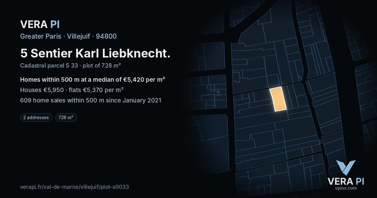 5 Sentier Karl Liebknecht, Villejuif at night – the plot lit, the parcels around coloured by the prices near them