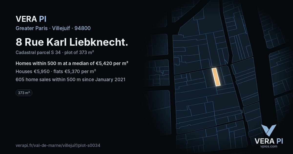 8 Rue Karl Liebknecht, Villejuif at night – the plot lit, the parcels around coloured by the prices near them