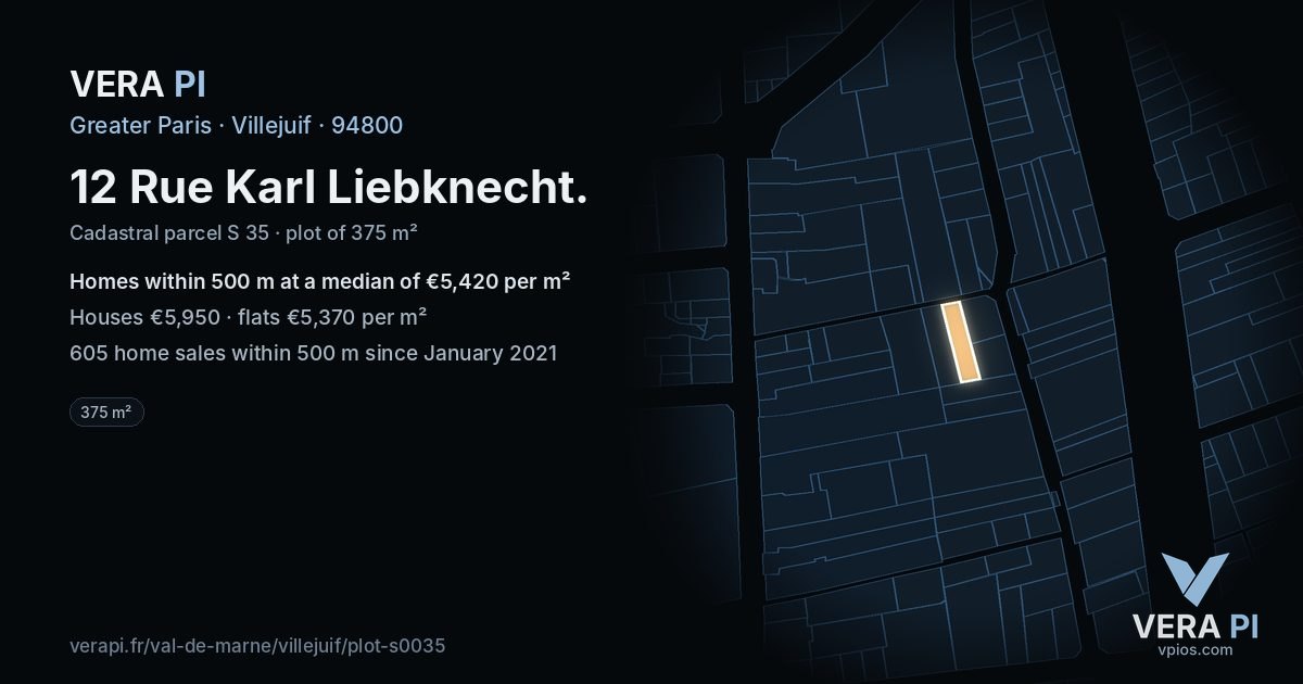 12 Rue Karl Liebknecht, Villejuif at night – the plot lit, the parcels around coloured by the prices near them