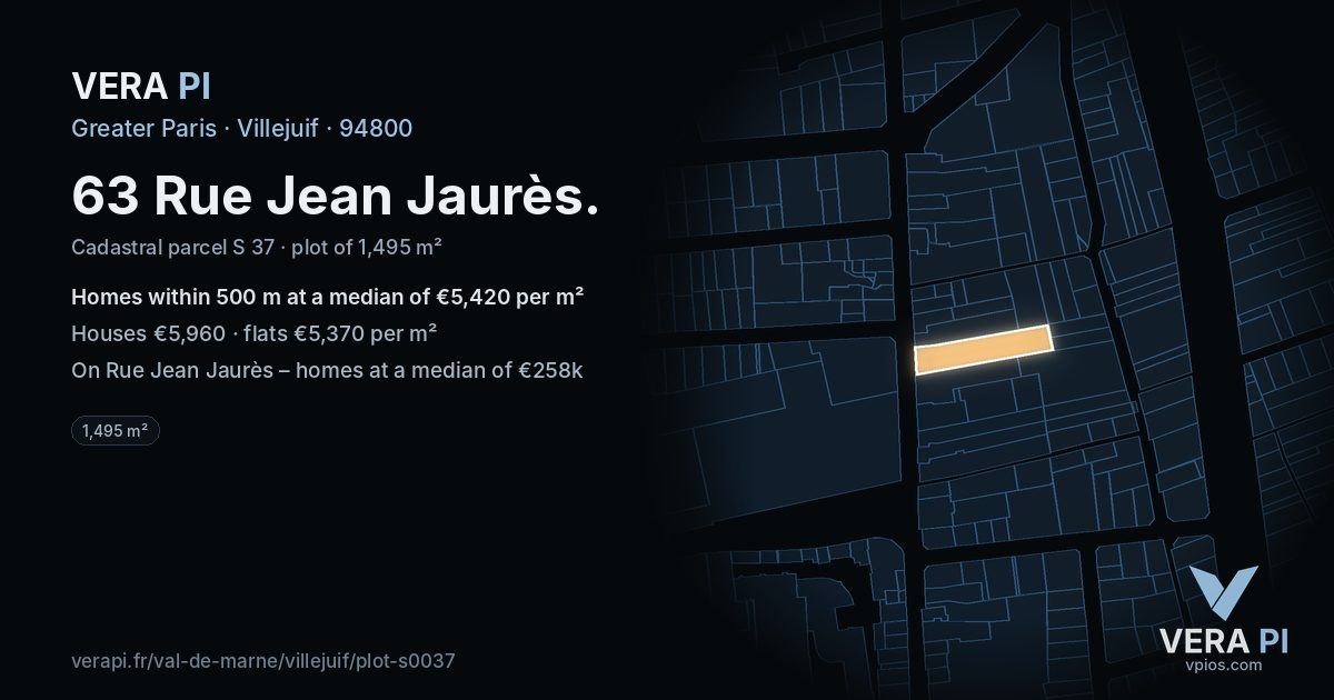 63 Rue Jean Jaurès, Villejuif at night – the plot lit, the parcels around coloured by the prices near them