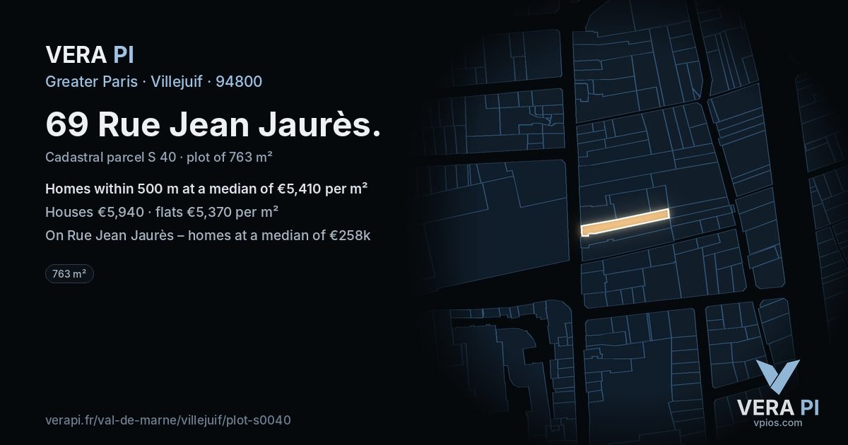 69 Rue Jean Jaurès, Villejuif at night – the plot lit, the parcels around coloured by the prices near them