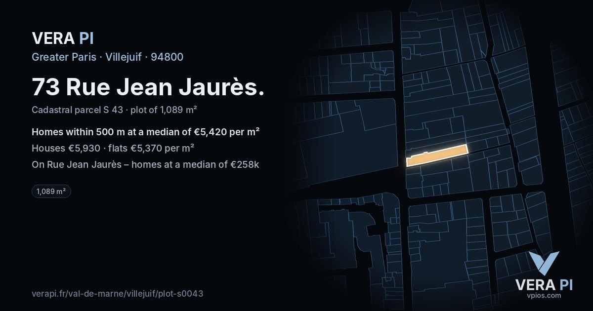 73 Rue Jean Jaurès, Villejuif at night – the plot lit, the parcels around coloured by the prices near them