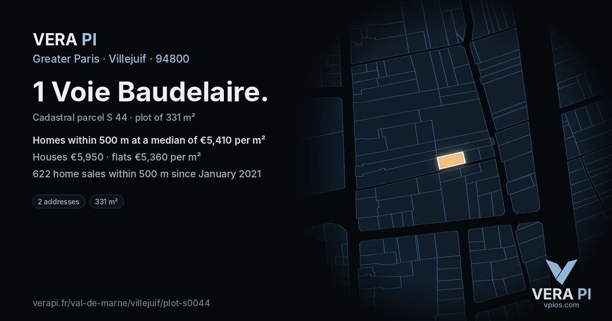 1 Voie Baudelaire, Villejuif at night – the plot lit, the parcels around coloured by the prices near them