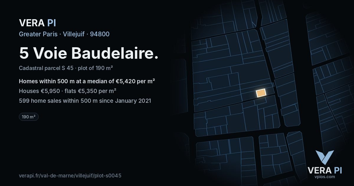 5 Voie Baudelaire, Villejuif at night – the plot lit, the parcels around coloured by the prices near them