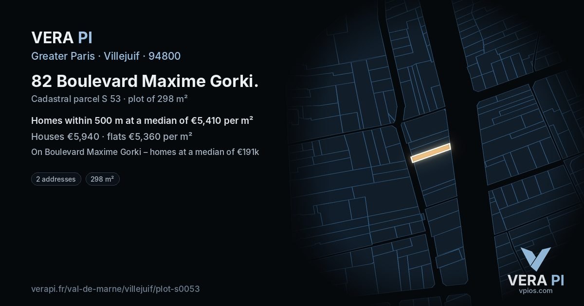 82 Boulevard Maxime Gorki, Villejuif at night – the plot lit, the parcels around coloured by the prices near them