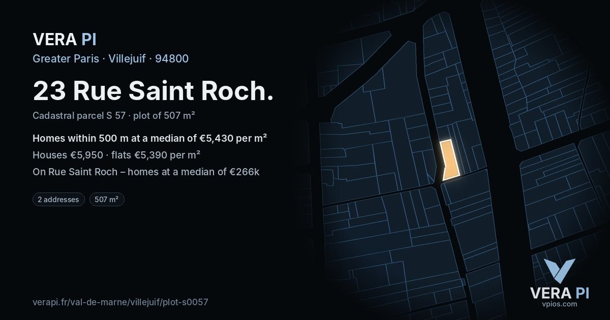 23 Rue Saint Roch, Villejuif at night – the plot lit, the parcels around coloured by the prices near them