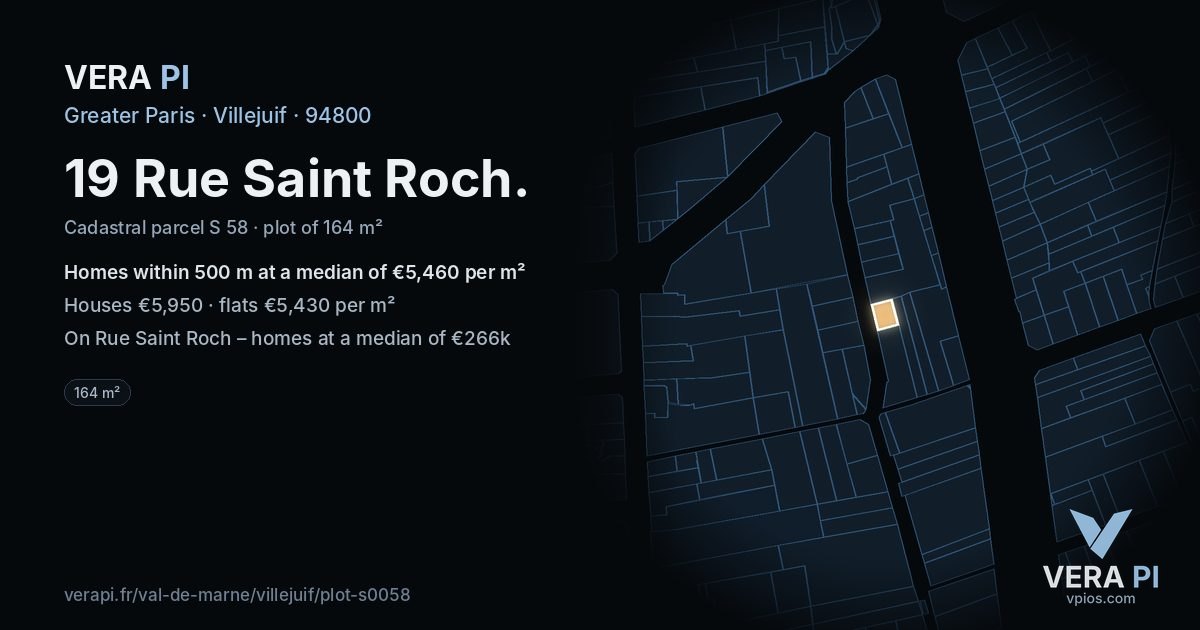 19 Rue Saint Roch, Villejuif at night – the plot lit, the parcels around coloured by the prices near them