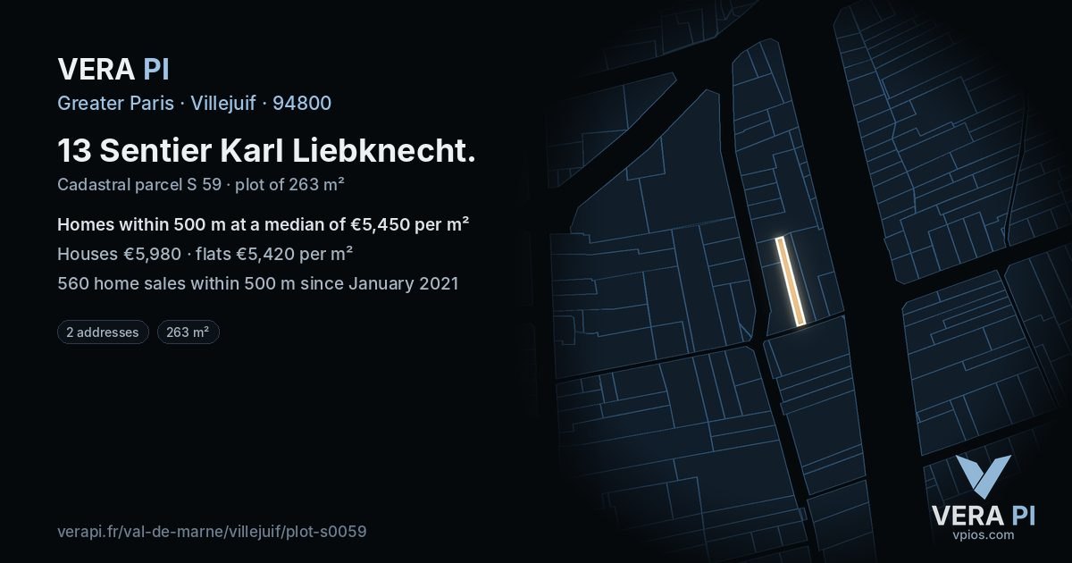 13 Sentier Karl Liebknecht, Villejuif at night – the plot lit, the parcels around coloured by the prices near them