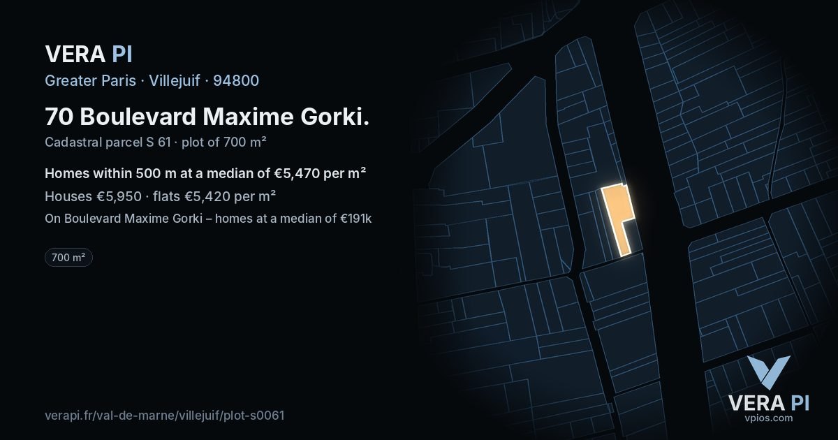 70 Boulevard Maxime Gorki, Villejuif at night – the plot lit, the parcels around coloured by the prices near them