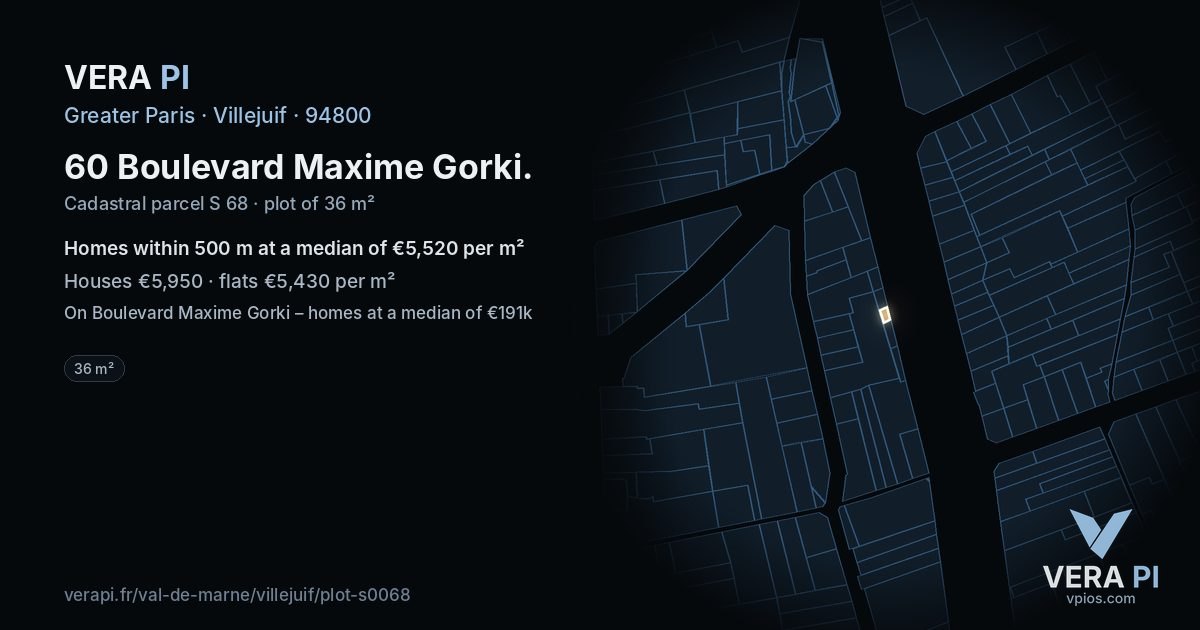 60 Boulevard Maxime Gorki, Villejuif at night – the plot lit, the parcels around coloured by the prices near them