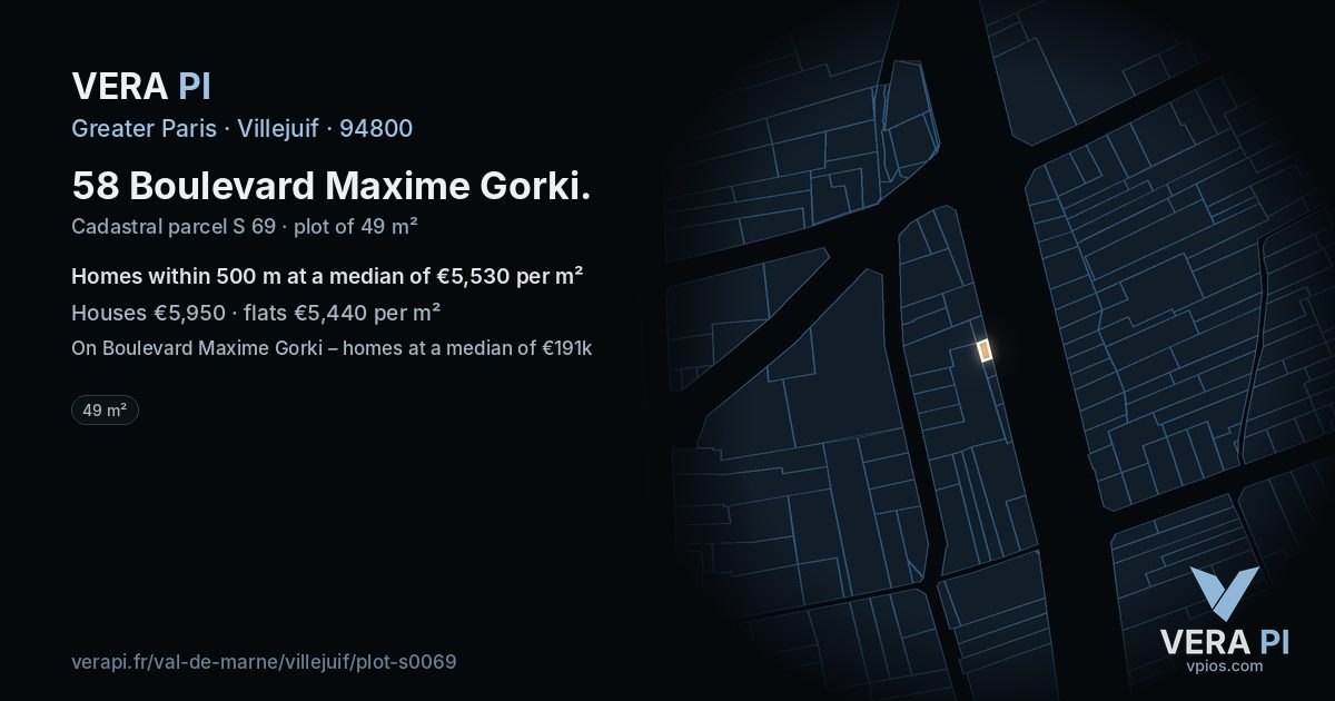 58 Boulevard Maxime Gorki, Villejuif at night – the plot lit, the parcels around coloured by the prices near them