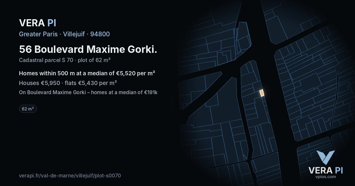 56 Boulevard Maxime Gorki, Villejuif at night – the plot lit, the parcels around coloured by the prices near them