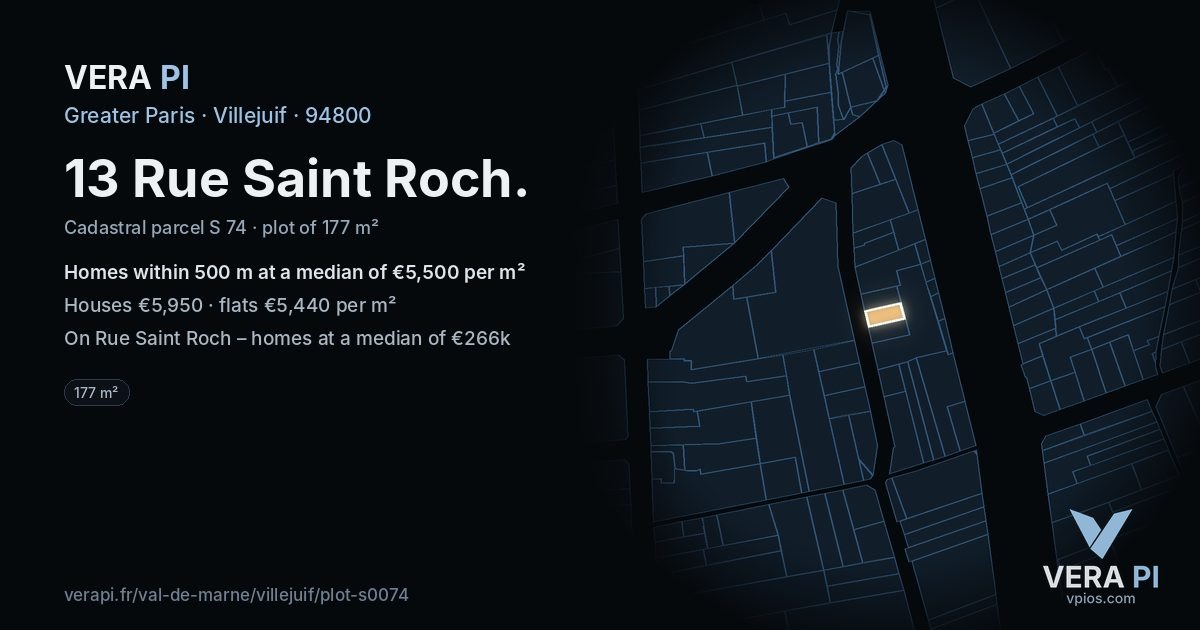 13 Rue Saint Roch, Villejuif at night – the plot lit, the parcels around coloured by the prices near them