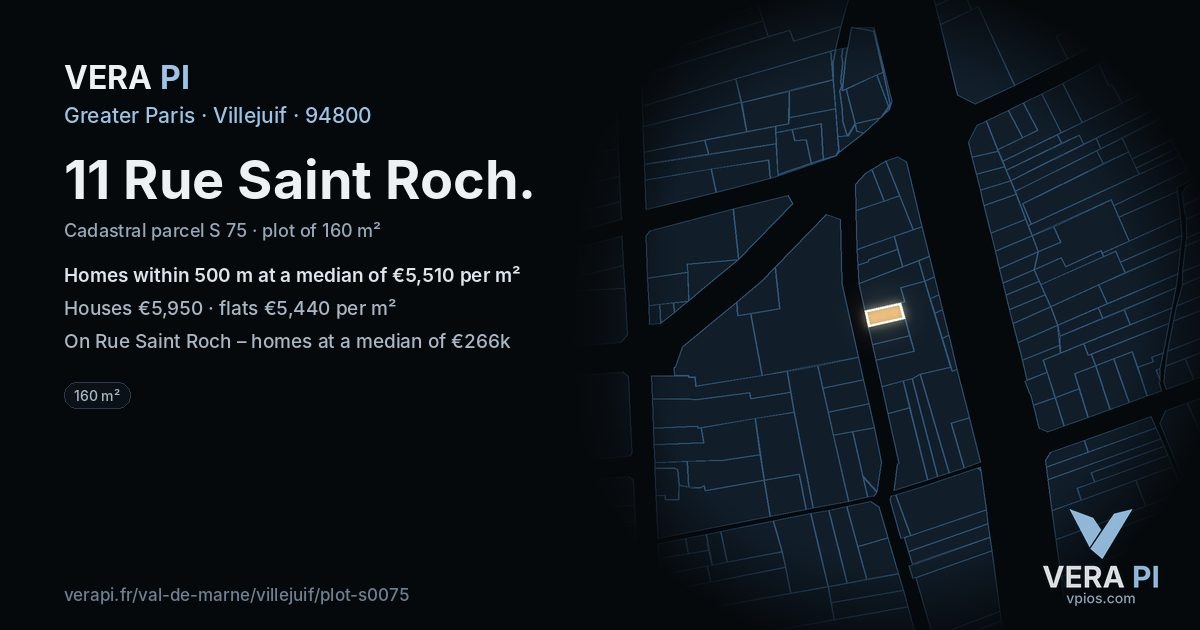 11 Rue Saint Roch, Villejuif at night – the plot lit, the parcels around coloured by the prices near them
