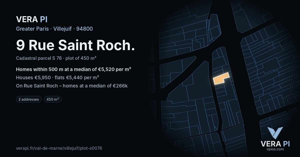 9 Rue Saint Roch, Villejuif at night – the plot lit, the parcels around coloured by the prices near them
