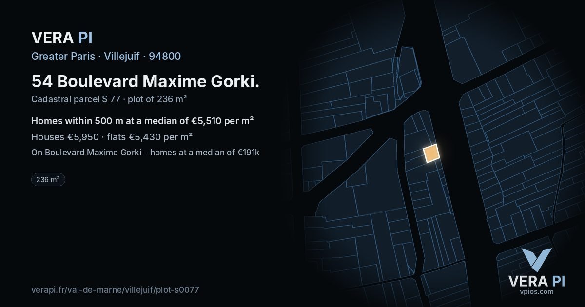 54 Boulevard Maxime Gorki, Villejuif at night – the plot lit, the parcels around coloured by the prices near them