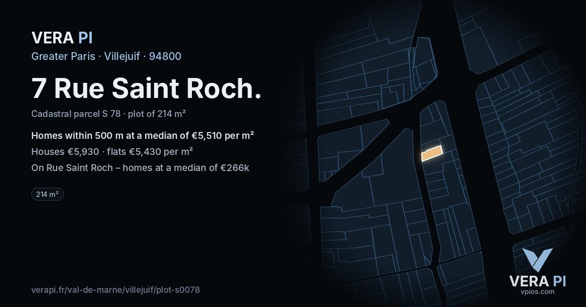 7 Rue Saint Roch, Villejuif at night – the plot lit, the parcels around coloured by the prices near them