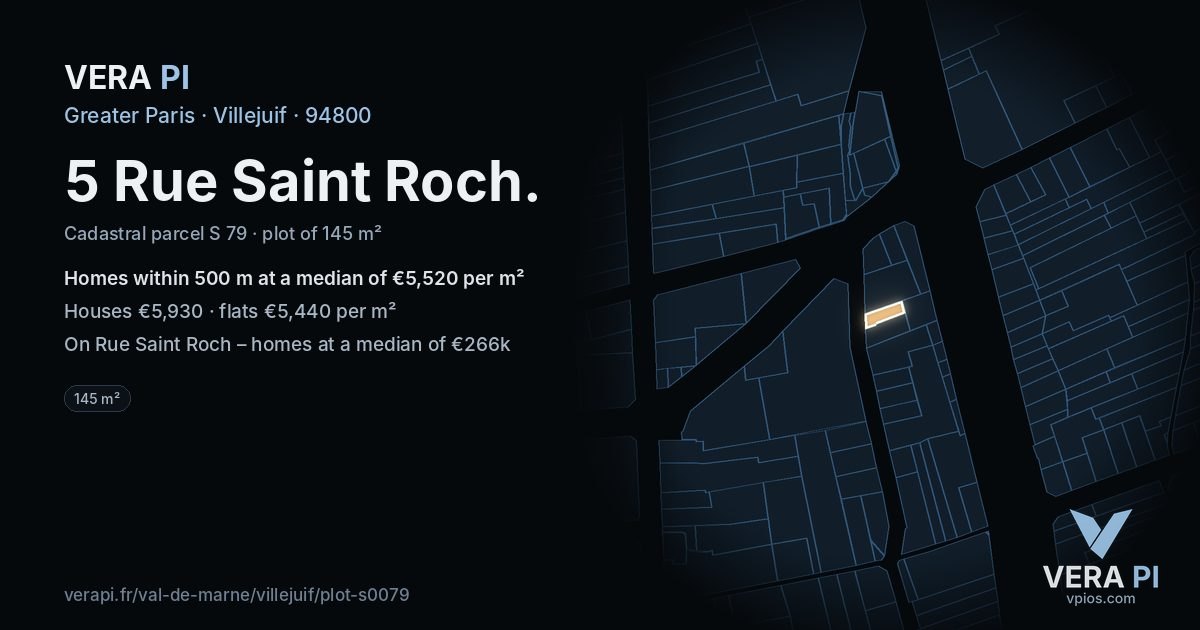 5 Rue Saint Roch, Villejuif at night – the plot lit, the parcels around coloured by the prices near them