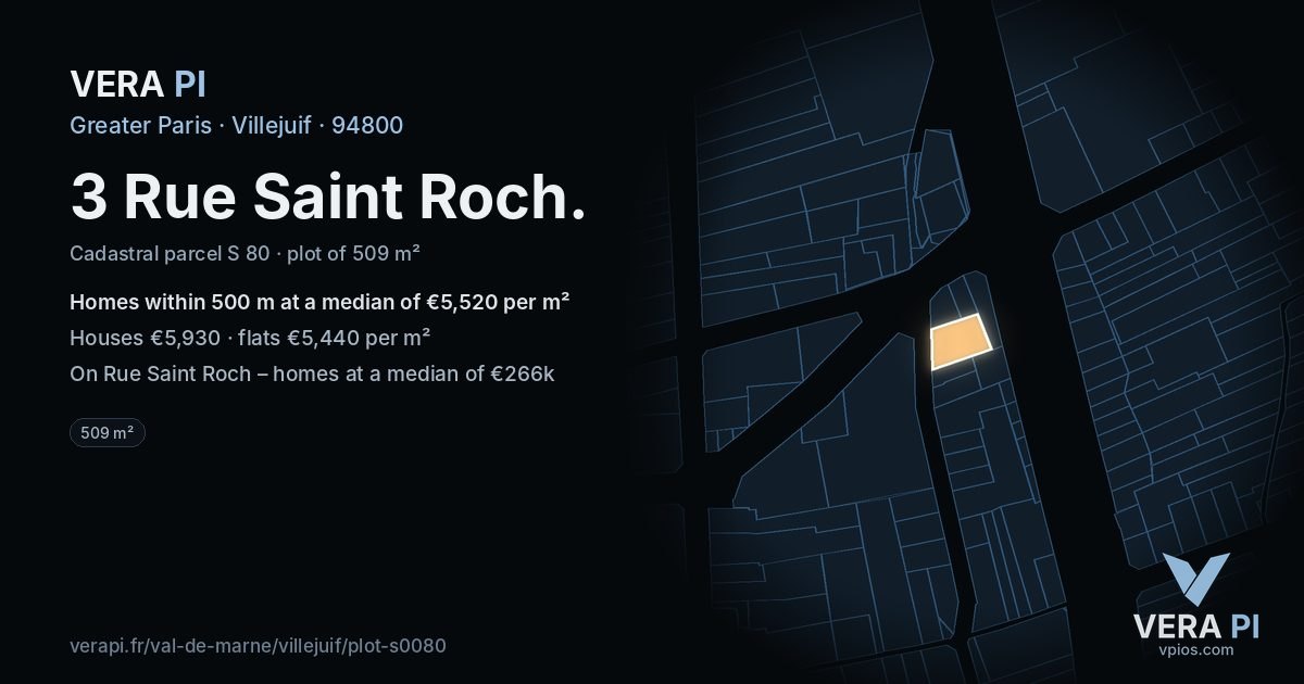 3 Rue Saint Roch, Villejuif at night – the plot lit, the parcels around coloured by the prices near them