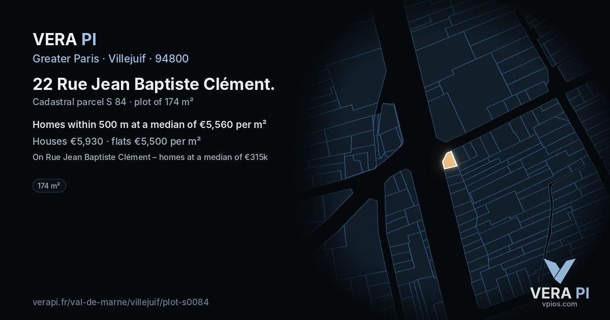 22 Rue Jean Baptiste Clément, Villejuif at night – the plot lit, the parcels around coloured by the prices near them