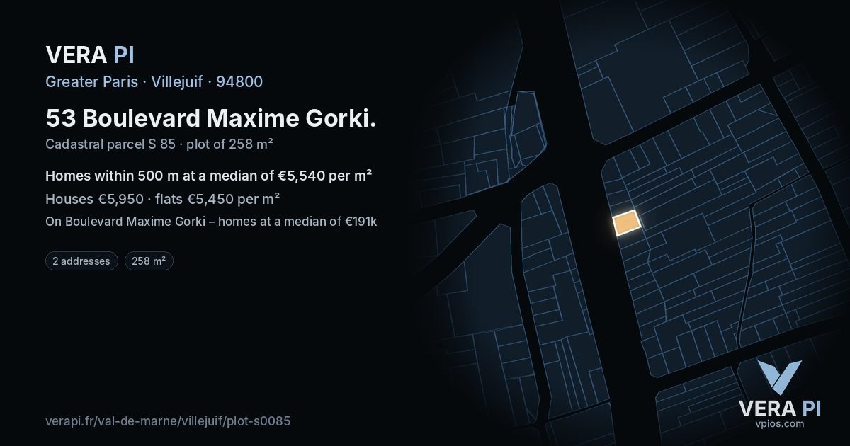 53 Boulevard Maxime Gorki, Villejuif at night – the plot lit, the parcels around coloured by the prices near them