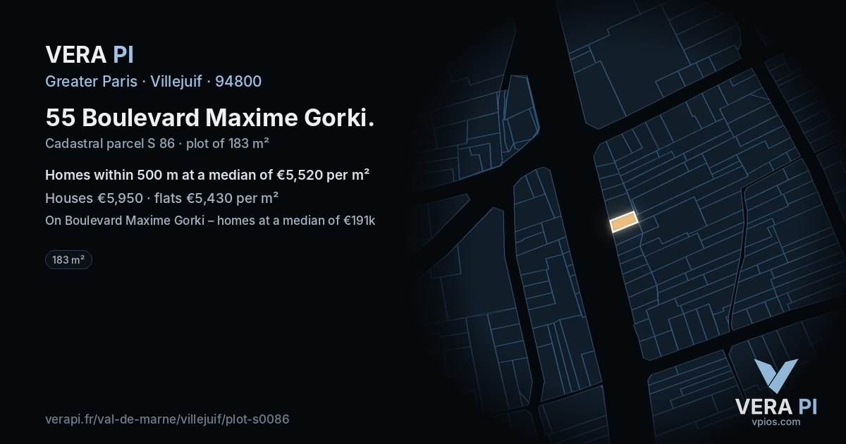 55 Boulevard Maxime Gorki, Villejuif at night – the plot lit, the parcels around coloured by the prices near them