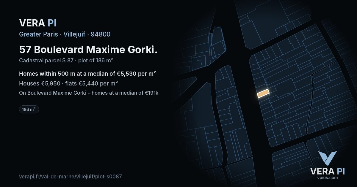 57 Boulevard Maxime Gorki, Villejuif at night – the plot lit, the parcels around coloured by the prices near them