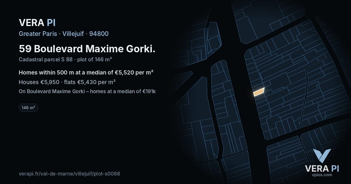 59 Boulevard Maxime Gorki, Villejuif at night – the plot lit, the parcels around coloured by the prices near them