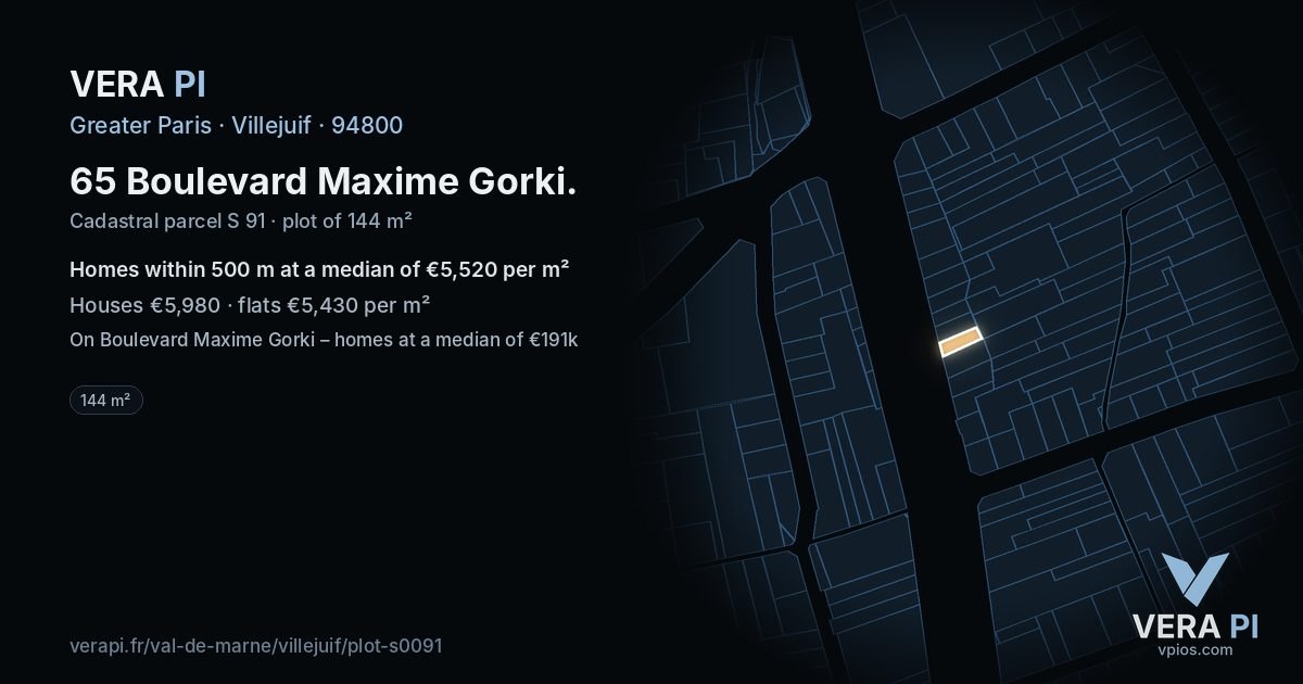 65 Boulevard Maxime Gorki, Villejuif at night – the plot lit, the parcels around coloured by the prices near them