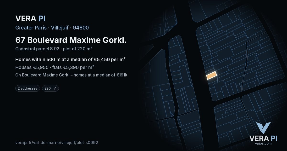 67 Boulevard Maxime Gorki, Villejuif at night – the plot lit, the parcels around coloured by the prices near them