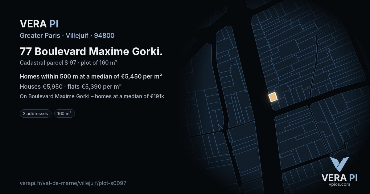 77 Boulevard Maxime Gorki, Villejuif at night – the plot lit, the parcels around coloured by the prices near them