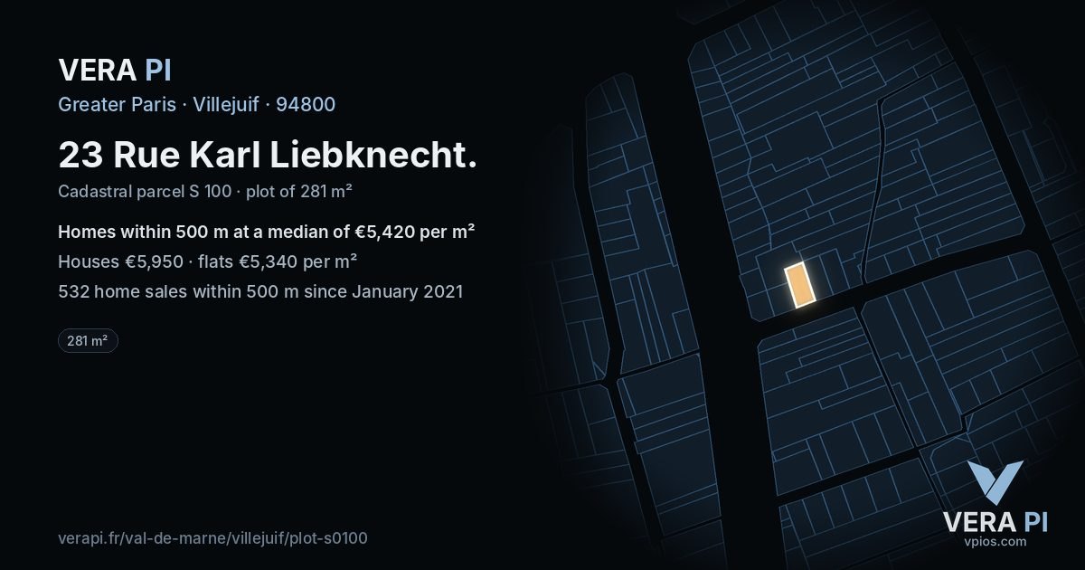 23 Rue Karl Liebknecht, Villejuif at night – the plot lit, the parcels around coloured by the prices near them