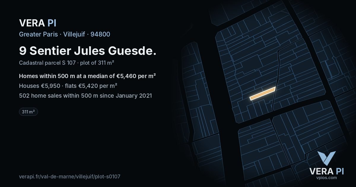 9 Sentier Jules Guesde, Villejuif at night – the plot lit, the parcels around coloured by the prices near them