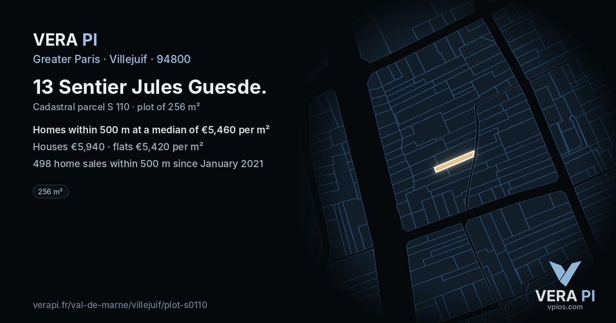 13 Sentier Jules Guesde, Villejuif at night – the plot lit, the parcels around coloured by the prices near them