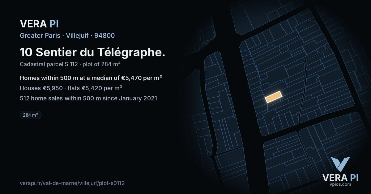 10 Sentier du Télégraphe, Villejuif at night – the plot lit, the parcels around coloured by the prices near them