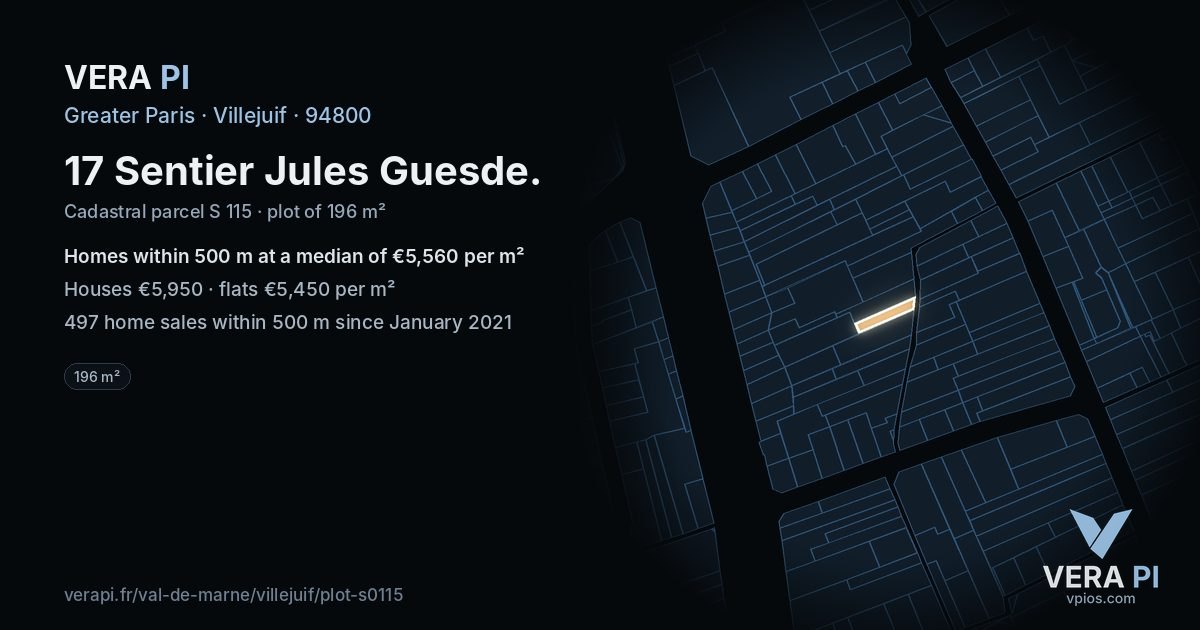 17 Sentier Jules Guesde, Villejuif at night – the plot lit, the parcels around coloured by the prices near them