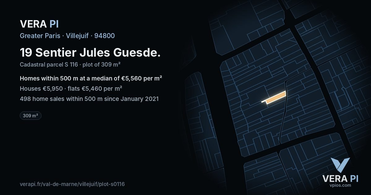 19 Sentier Jules Guesde, Villejuif at night – the plot lit, the parcels around coloured by the prices near them