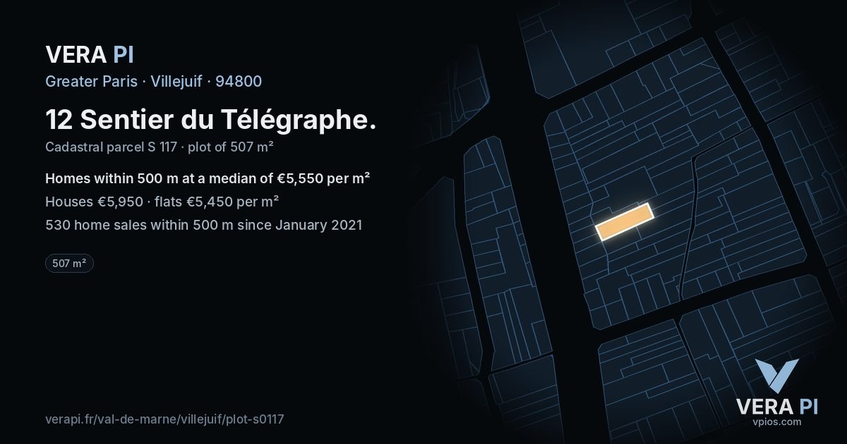 12 Sentier du Télégraphe, Villejuif at night – the plot lit, the parcels around coloured by the prices near them