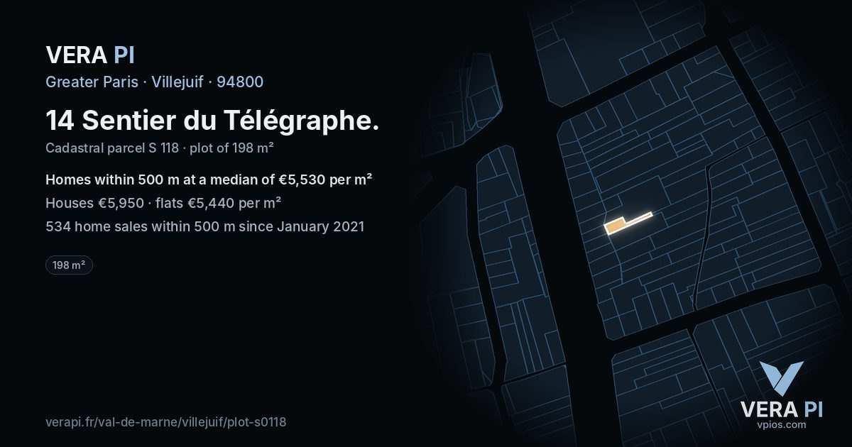 14 Sentier du Télégraphe, Villejuif at night – the plot lit, the parcels around coloured by the prices near them