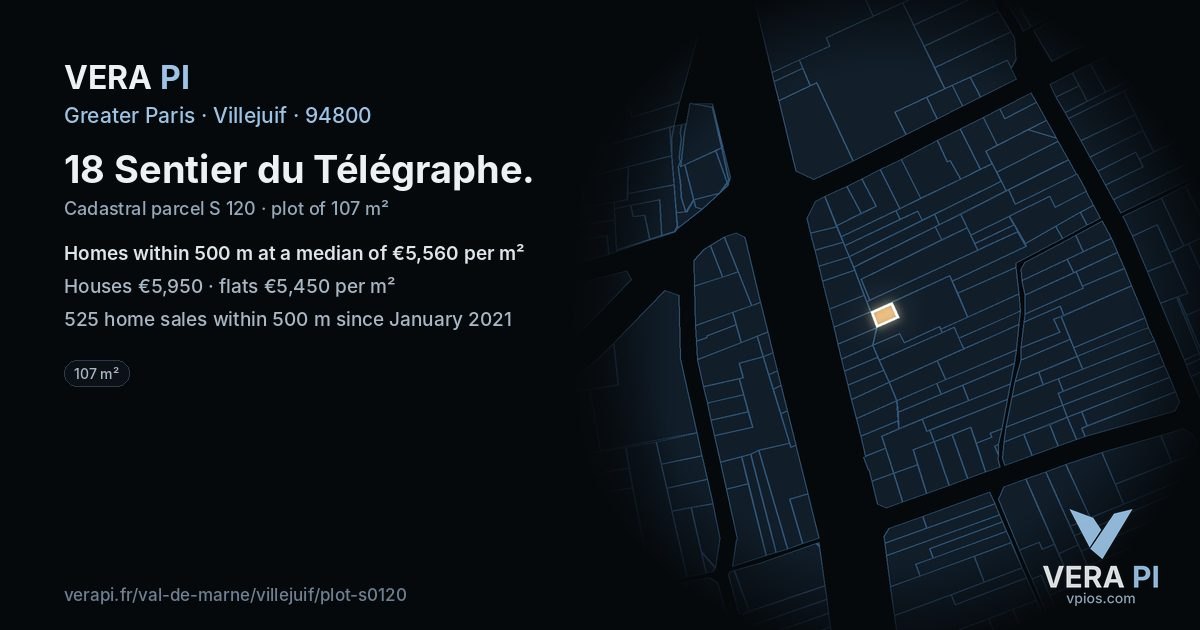 18 Sentier du Télégraphe, Villejuif at night – the plot lit, the parcels around coloured by the prices near them