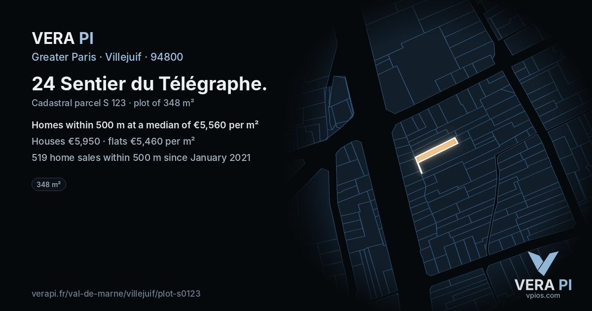 24 Sentier du Télégraphe, Villejuif at night – the plot lit, the parcels around coloured by the prices near them