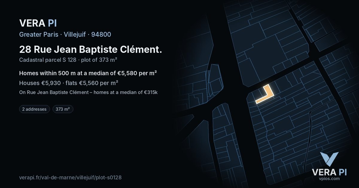 28 Rue Jean Baptiste Clément, Villejuif at night – the plot lit, the parcels around coloured by the prices near them