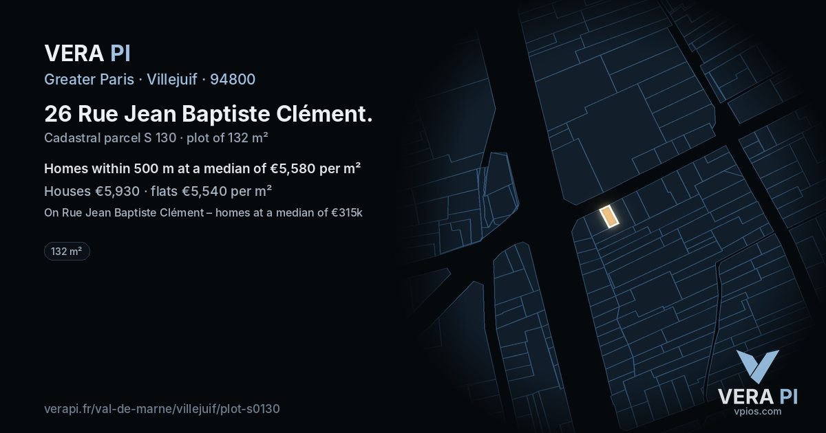 26 Rue Jean Baptiste Clément, Villejuif at night – the plot lit, the parcels around coloured by the prices near them